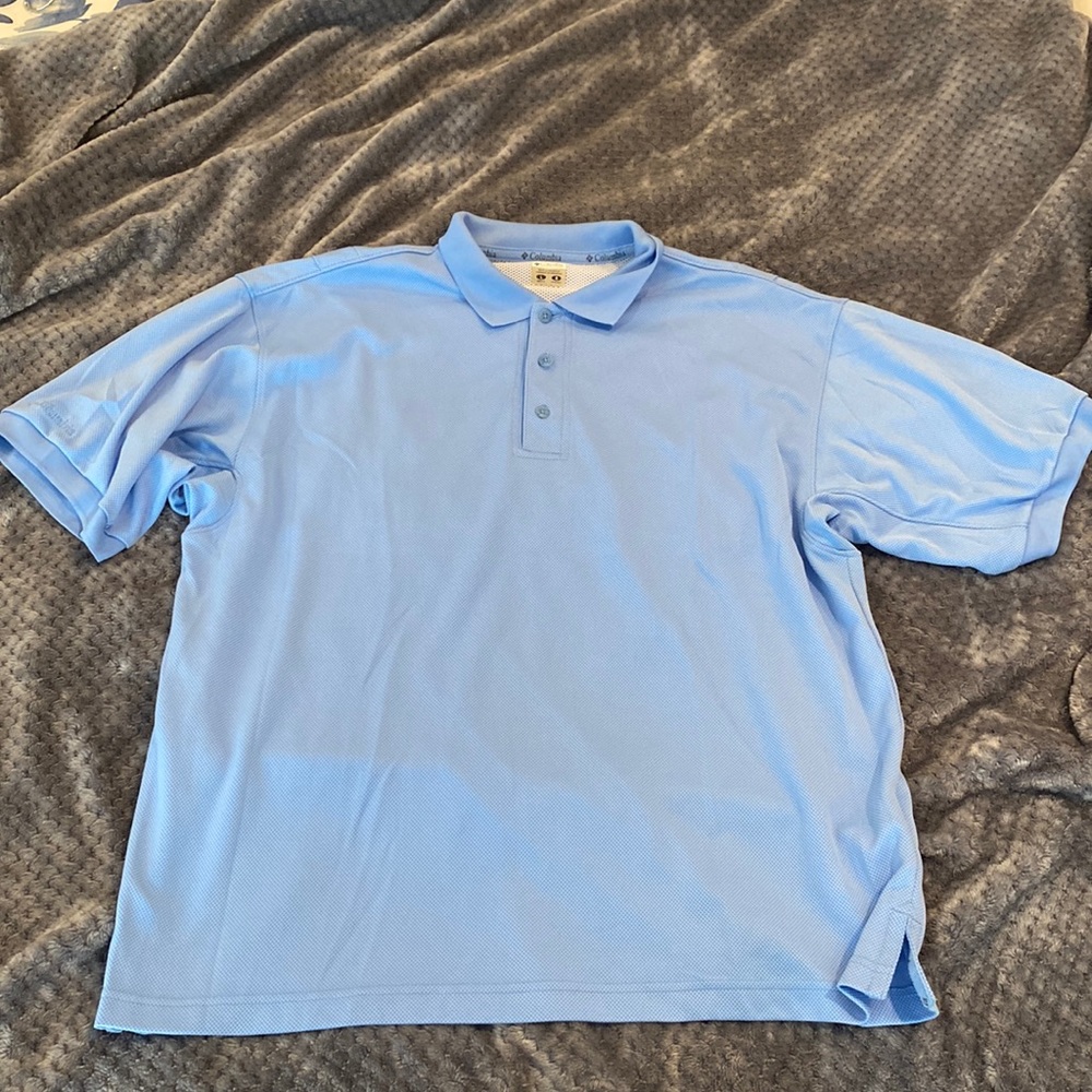 PC mens SzL Columbia Performance Fishing Gear light blue polo style shirt